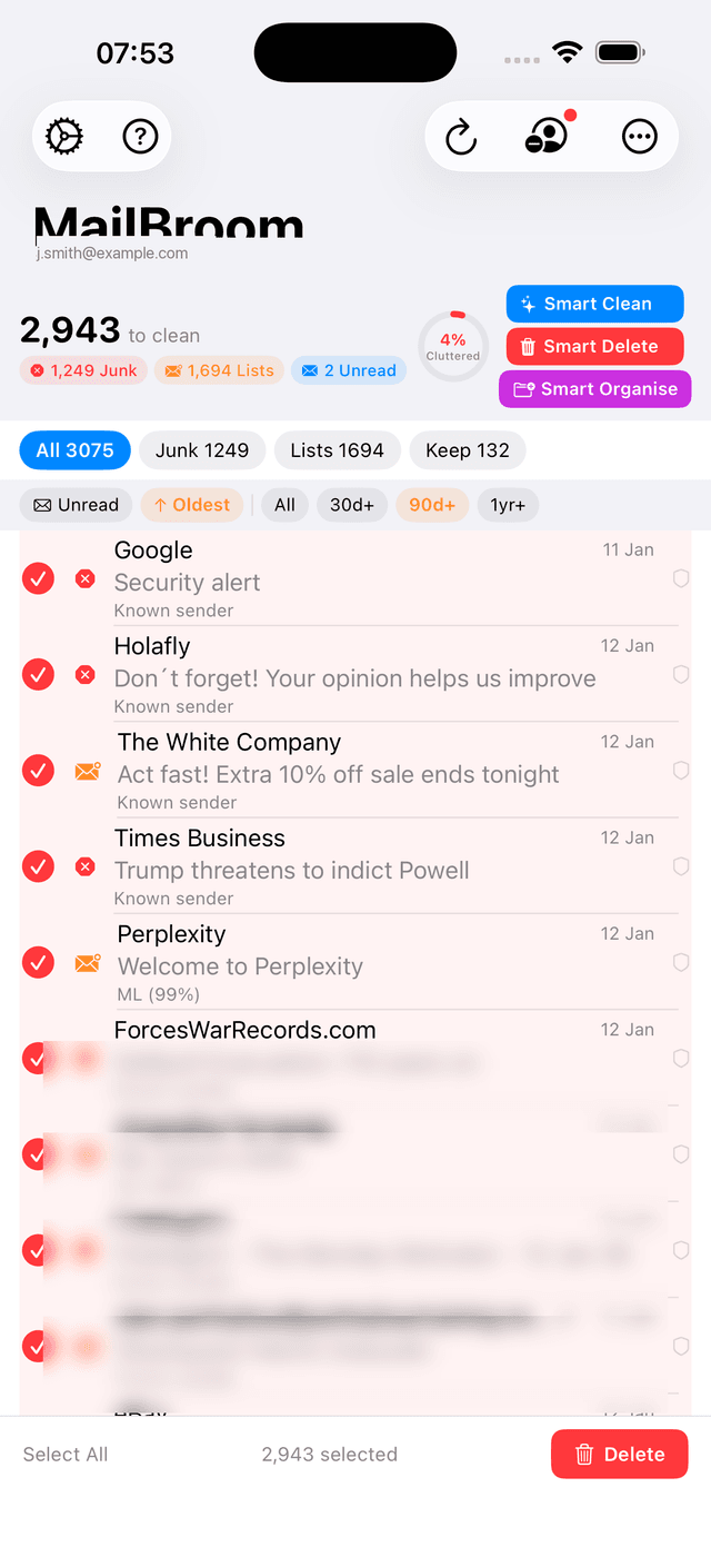 MailBroom dashboard showing 2,943 emails classified as Review, Lists, and Keep