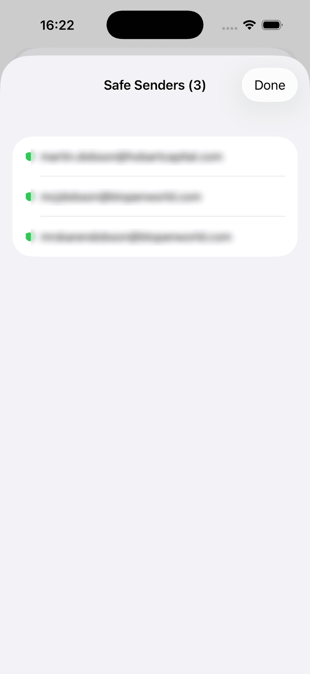 Safe Senders screen showing trusted senders list with shield icons