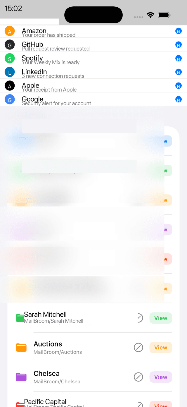 Smart Organise screen showing folder creation and sender filing options