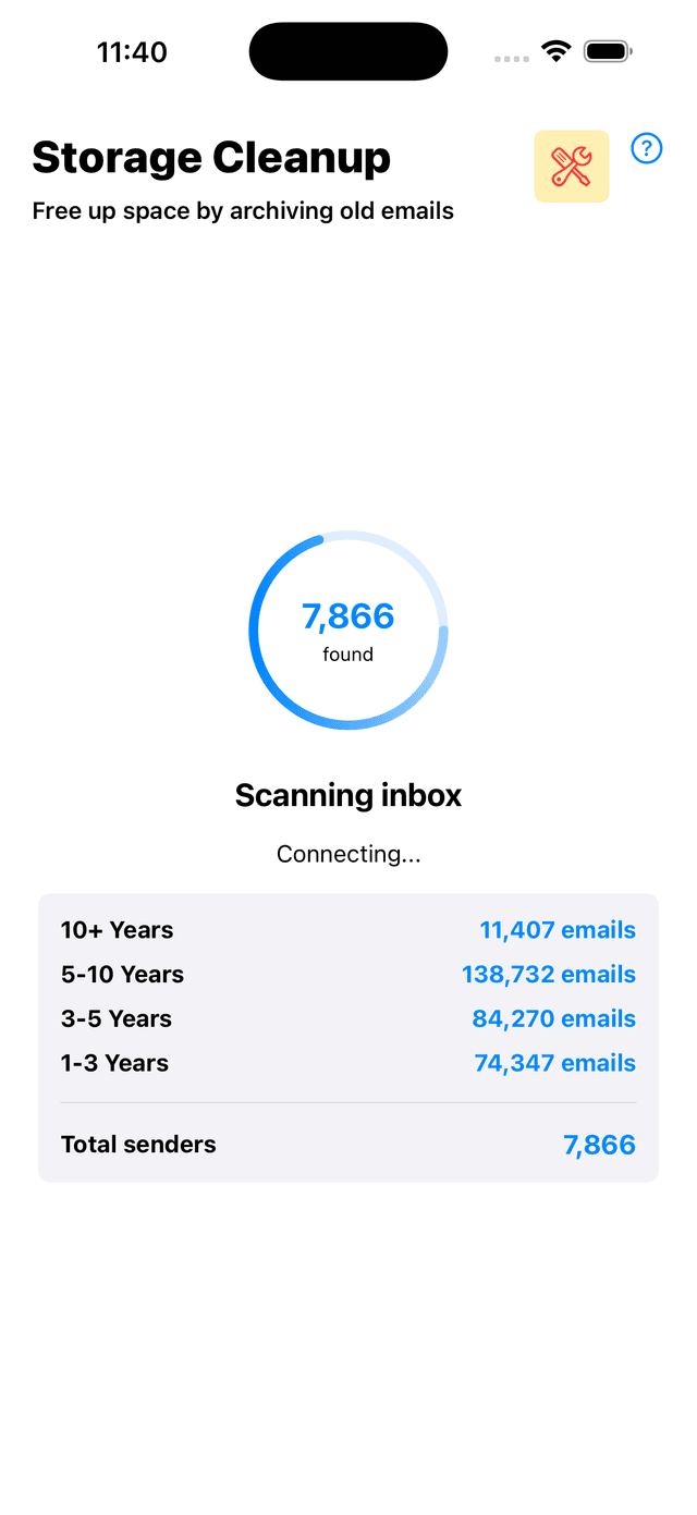 Storage Cleanup scanning interface showing 7,866 emails found grouped by age: 10+ Years (11,407), 5-10 Years (138,732), 3-5 Years (84,273), 1-3 Years (74,347)